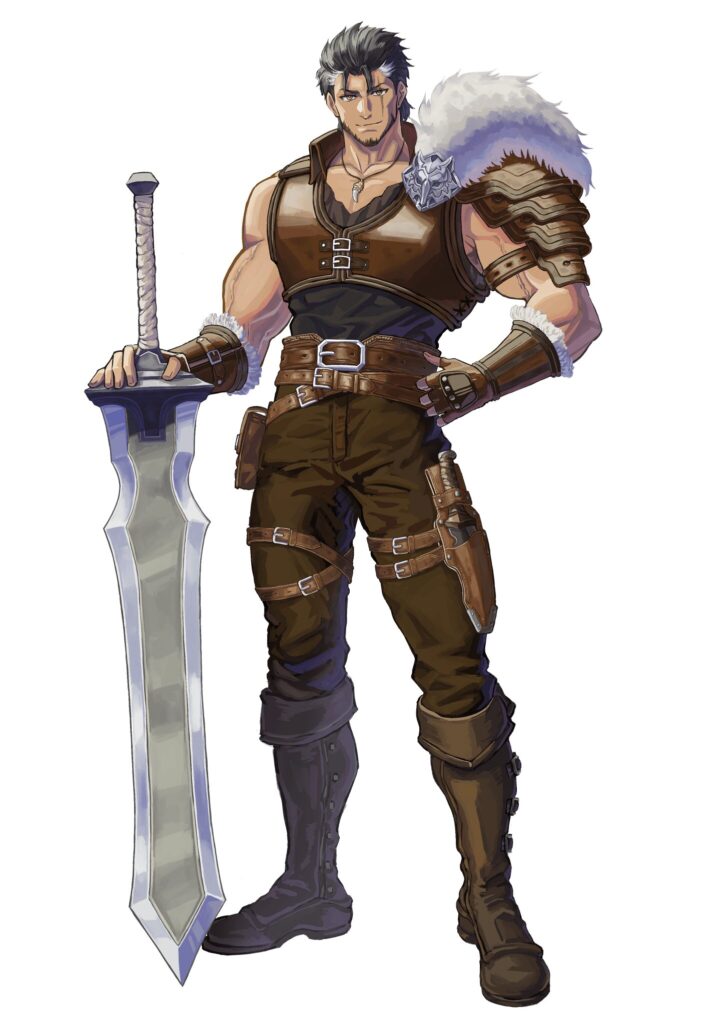 PBW向けNPCキャラクター ◆ キャラクター 名前：ガレオ・ヴェルダン 年齢：38歳／人間男性／188cm 所属：傭兵団「灰狼団」団長 大陸各地で名を馳せる歴戦の傭兵。 粗野に見えるが部下思いで、酒と女と良い剣を愛する豪快な男。 ◆ 制作メモ 革・布・金属・毛皮の質感差と、 筋肉描写を意識して制作しました。